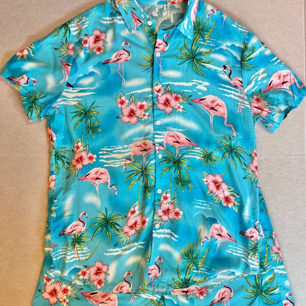 COOFANDY Men’s L Hawaiian Shirt Shorts Set Blue Flamingo Tropical NWT
