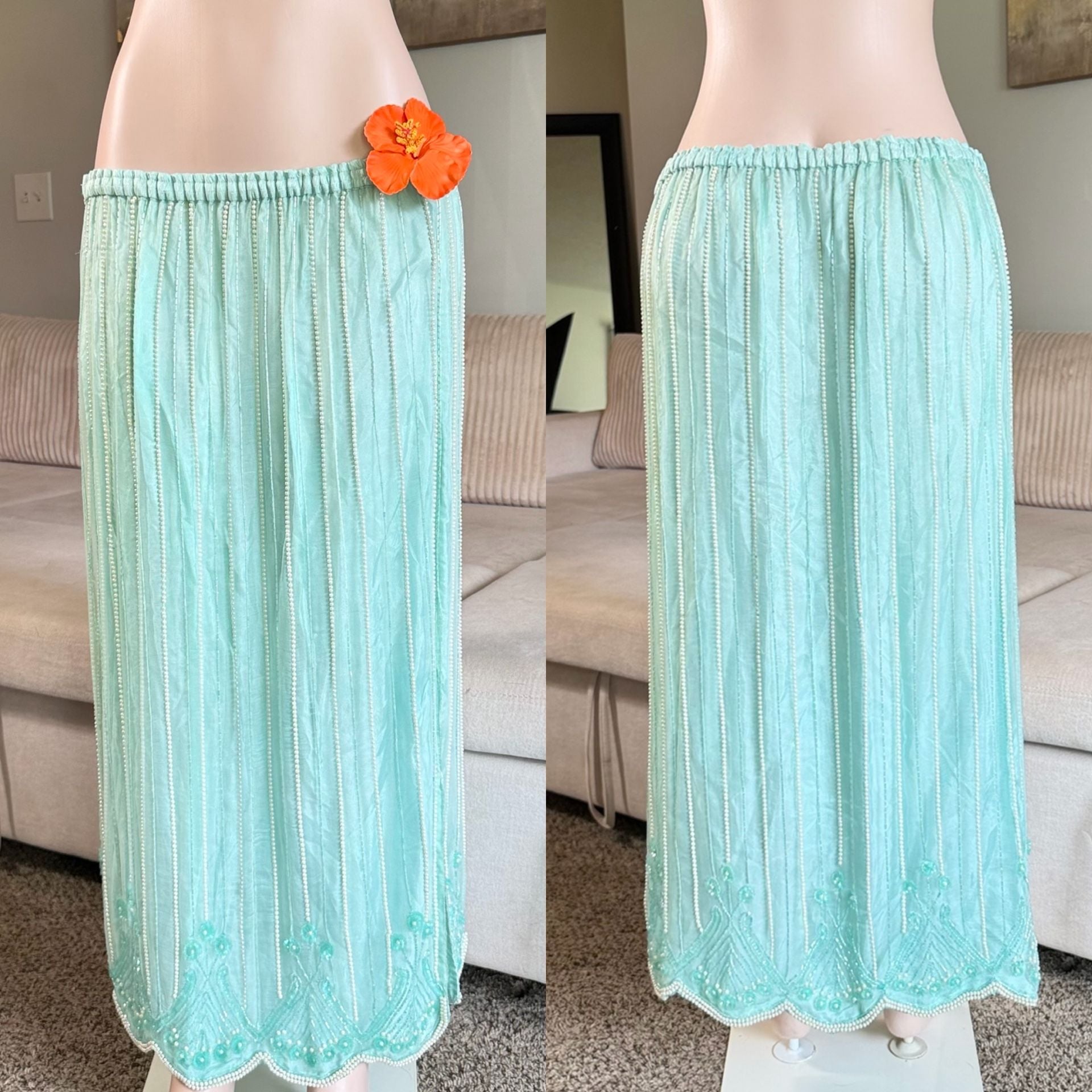 Vintage Silk Mint Green Beaded Maxi Skirt 2