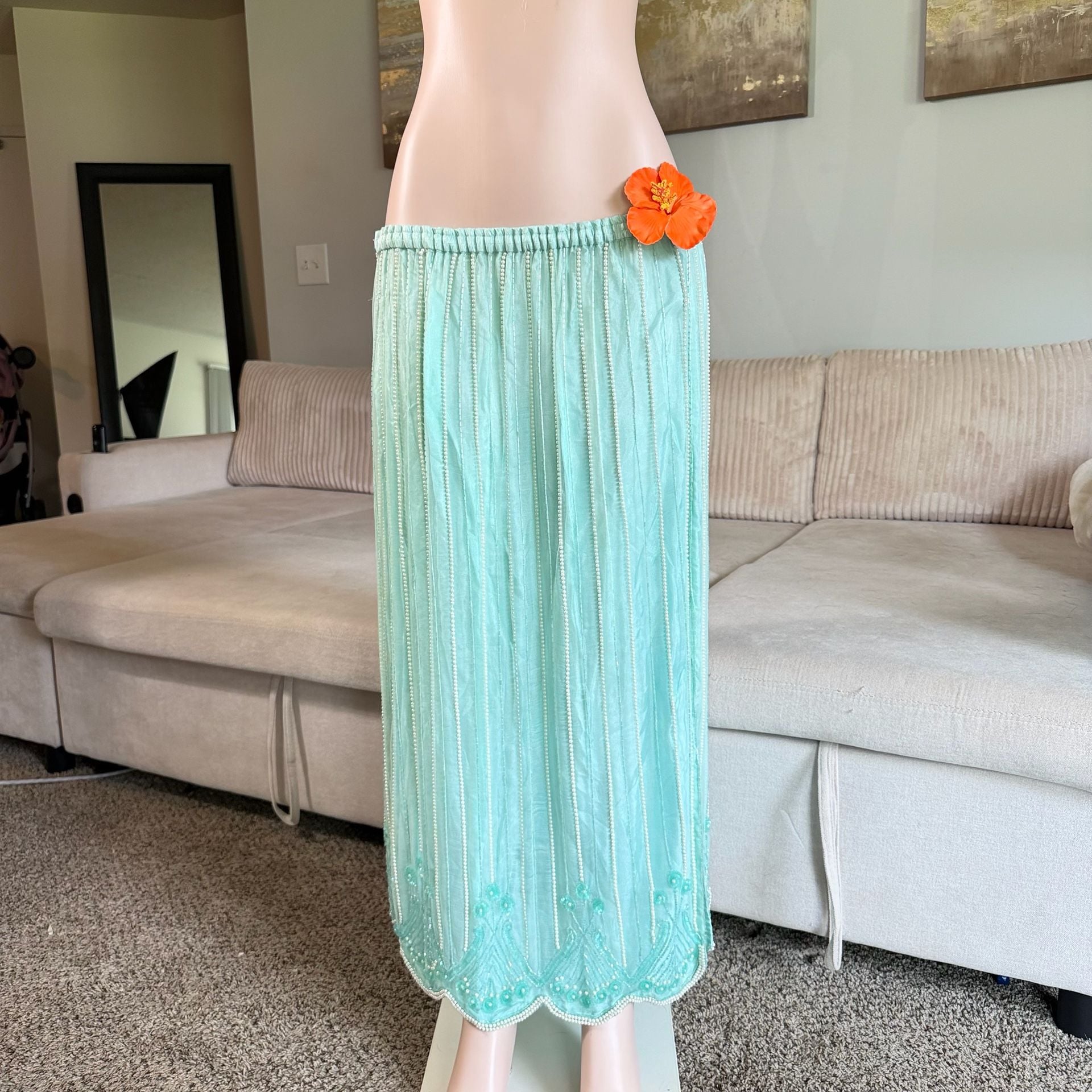 Vintage Silk Mint Green Beaded Maxi Skirt 3