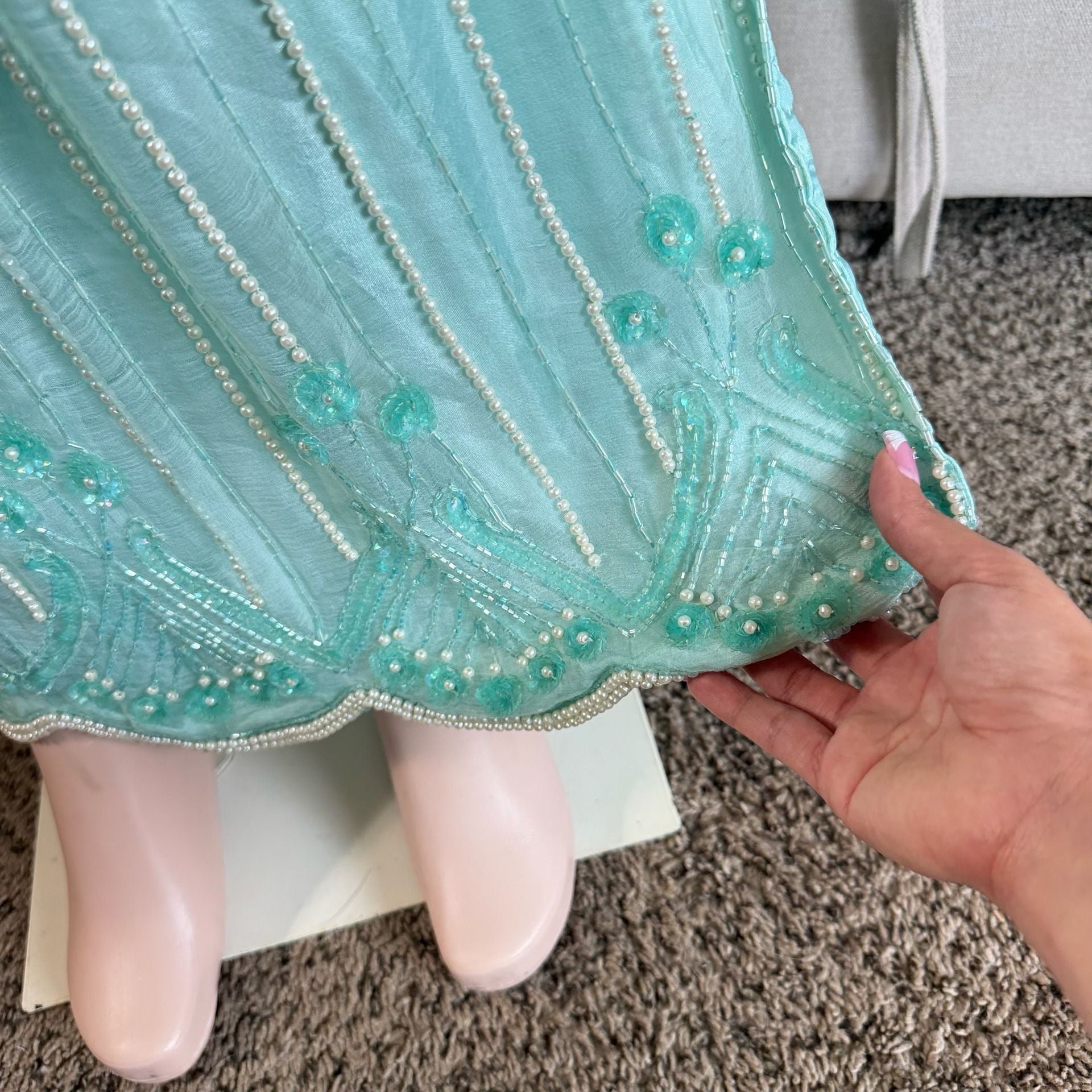 Vintage Silk Mint Green Beaded Maxi Skirt 4