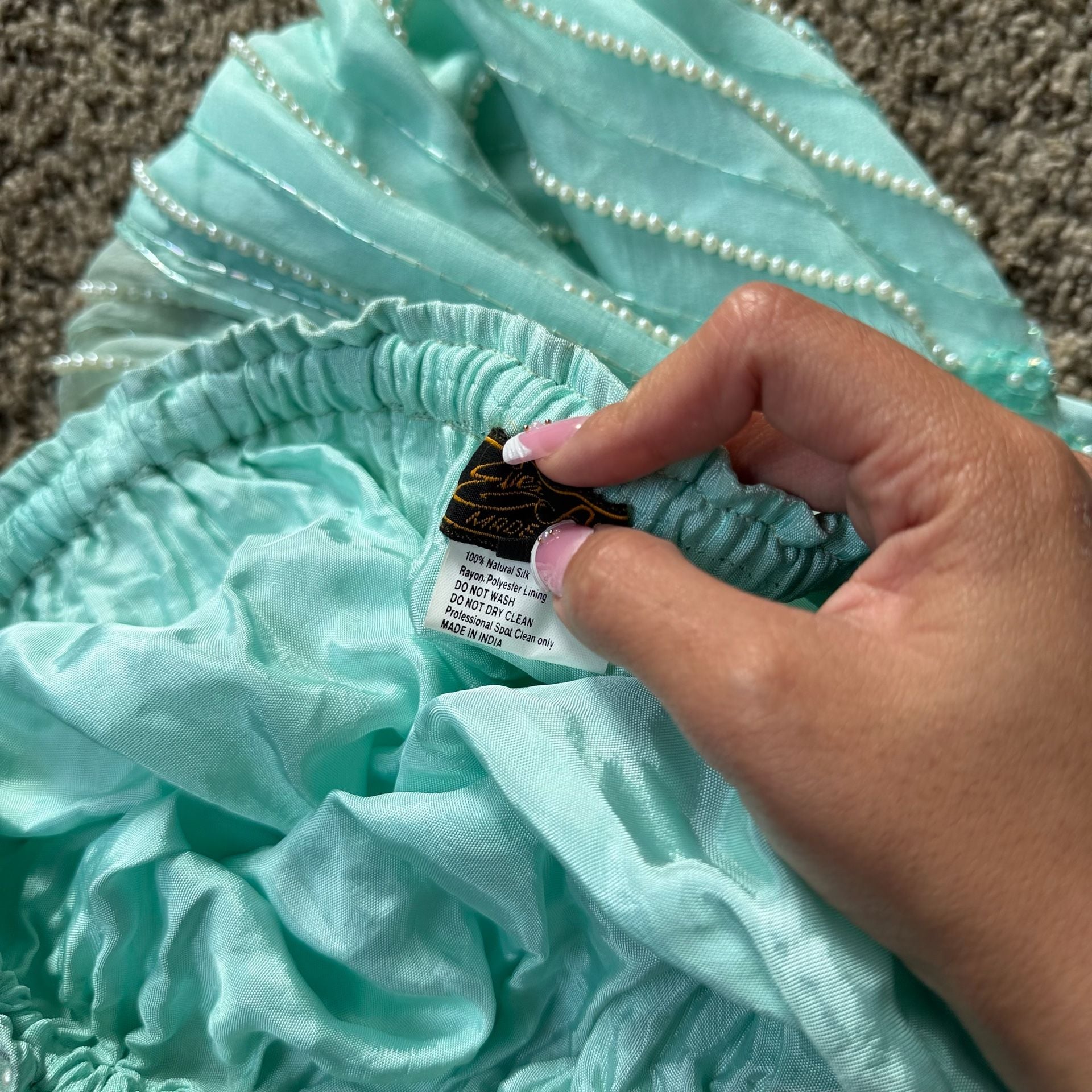 Vintage Silk Mint Green Beaded Maxi Skirt 7