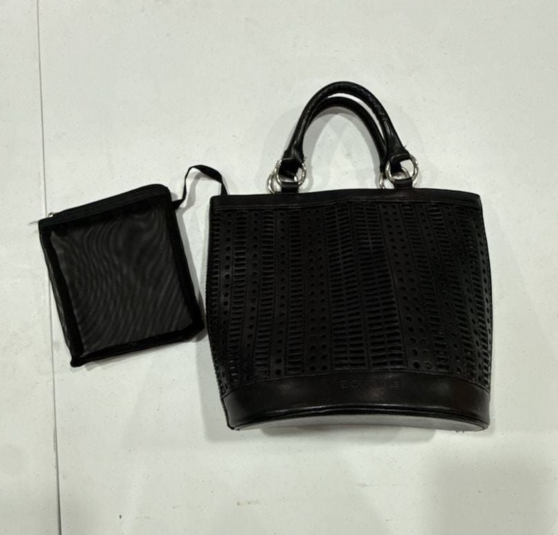 BCBGIRLS Black Laser-Cut Bucket Tote Bag with Removable Pouch 2