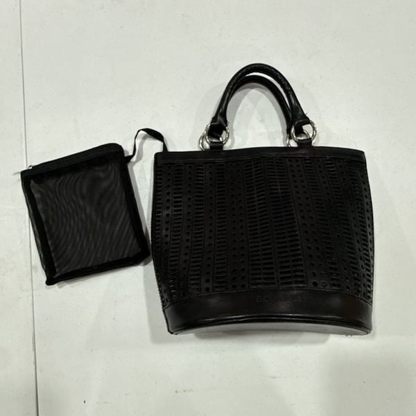 BCBGIRLS Black Laser-Cut Bucket Tote Bag with Removable Pouch