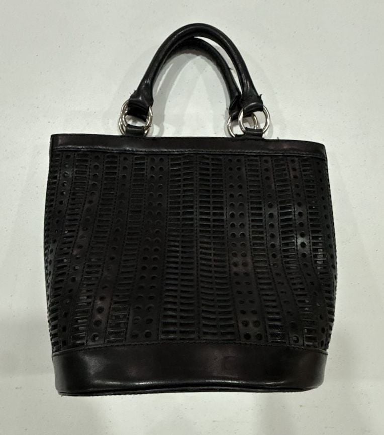 BCBGIRLS Black Laser-Cut Bucket Tote Bag with Removable Pouch 3