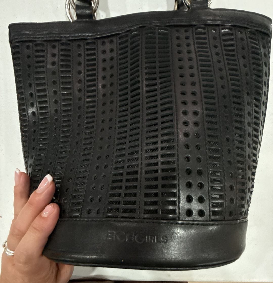BCBGIRLS Black Laser-Cut Bucket Tote Bag with Removable Pouch 5