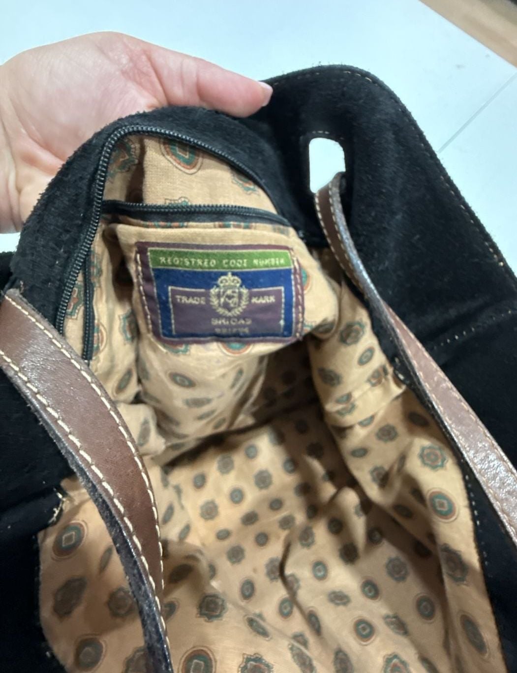 Vintage Suede and Leather Tote Bag with Patterned Lining 5