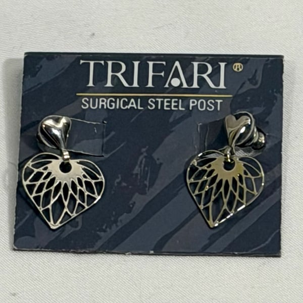 Vintage Trifari Filigree Heart Drop Earrings with Surgical Steel Posts