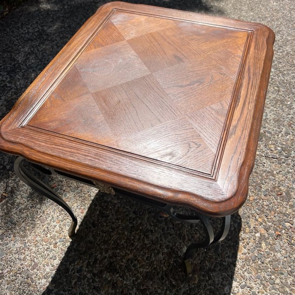 Vintage Wood & Wrought Iron Style Accent Table – Brass Tone Details – 28” Wide