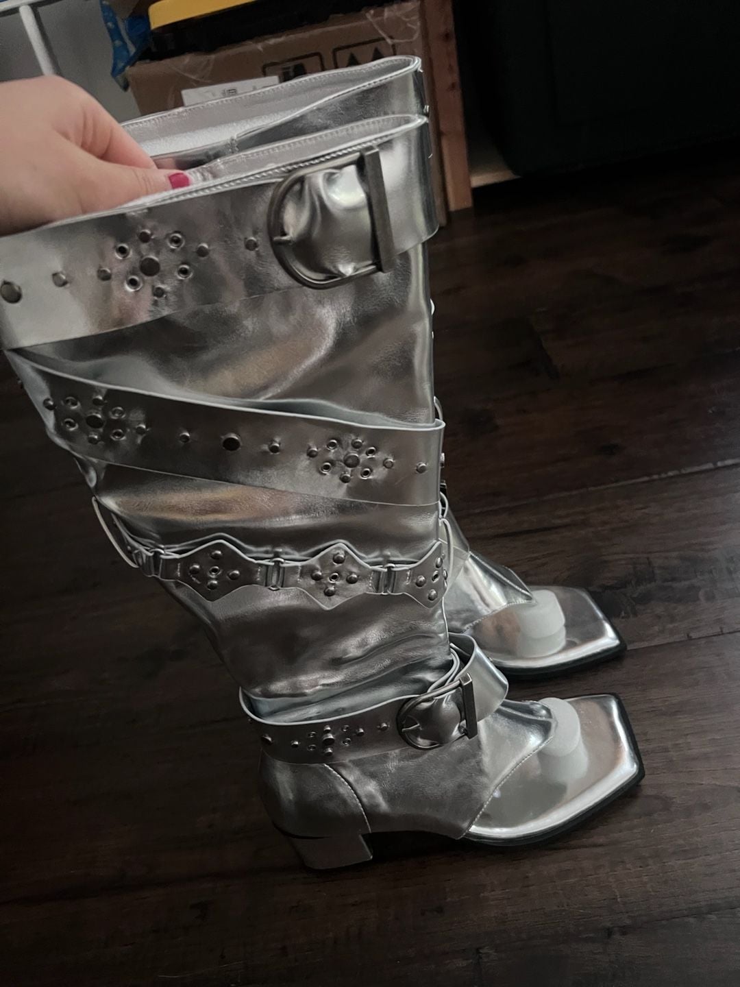Genuine Leather Summer Boots for Woman Punk Style Rivet Knee High Boots 37 3