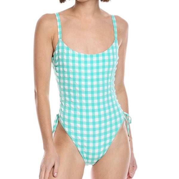 Vitamin A Gemma Ruched One-Piece Swimsuit in Seafoam Pucker Gingham