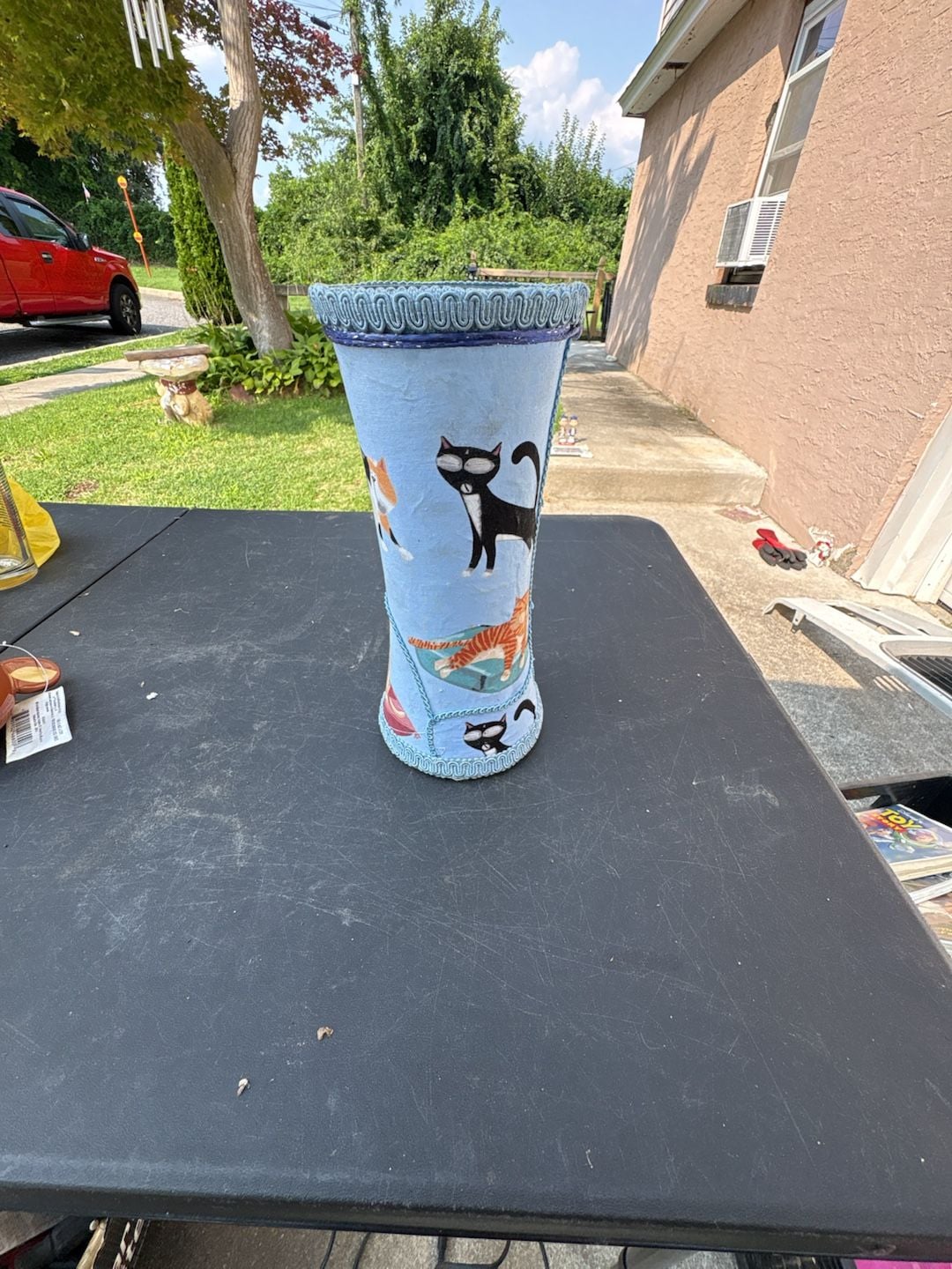 Decorative Handcrafted Fabric Covered Cat Pattern Vase with Trim 1
