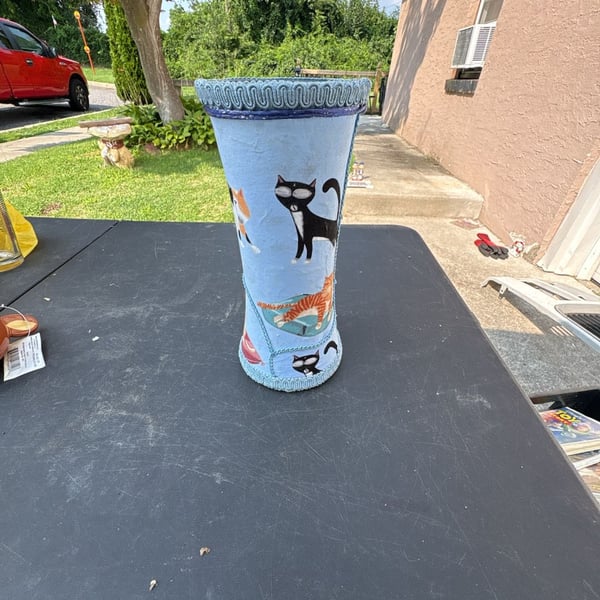Decorative Handcrafted Fabric Covered Cat Pattern Vase with Trim