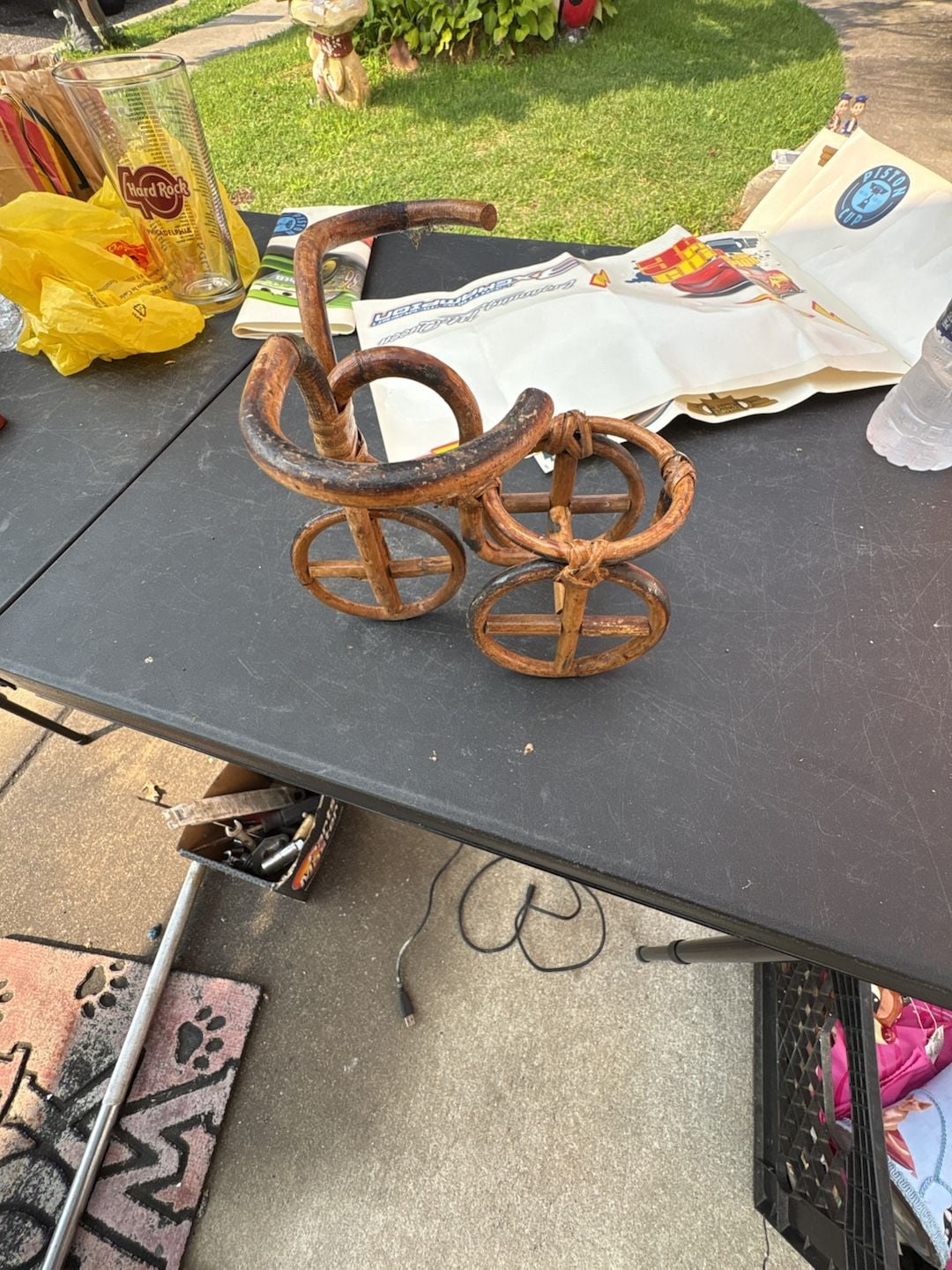 Vintage Bamboo and Rattan Tricycle Plant Holder 1