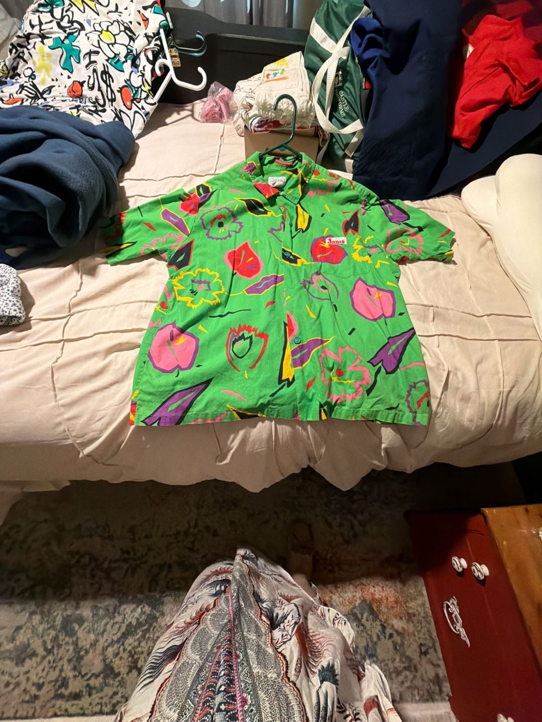 Original Jams by Surf Line Hawaii Vintage Green Abstract Floral Print Short Sleeve Button-Down Shirt **MISSING TWO GREEN BUTTONS!** 5