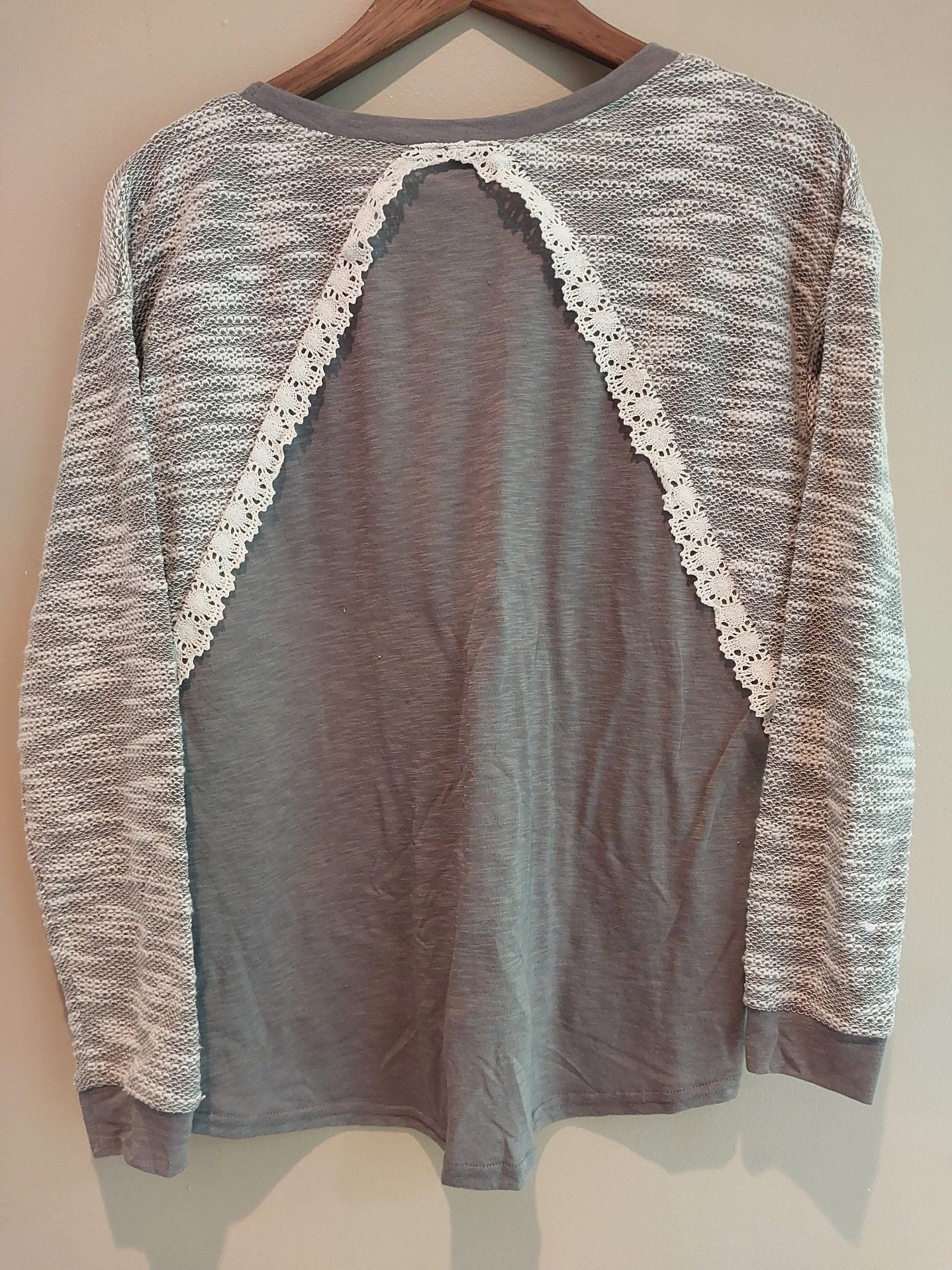Crown & Ivy Gray and White Marled Knit Long Sleeve Top with Lace Side Inserts 8