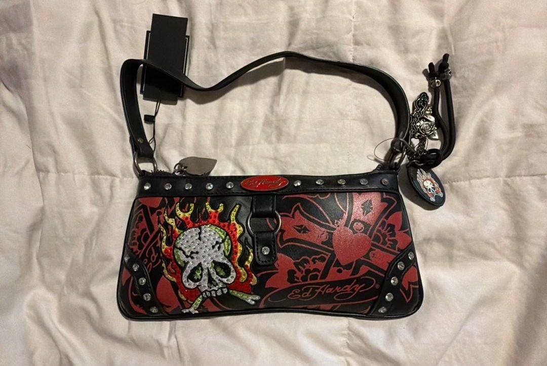 Ed Hardy Midnight Rebel Rhinestone Skull and Flames Shoulder Bag 2