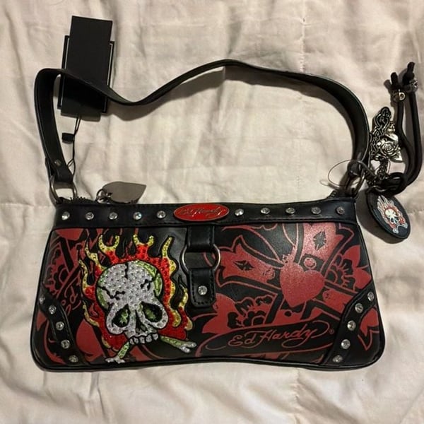 Ed Hardy Midnight Rebel Rhinestone Skull and Flames Shoulder Bag