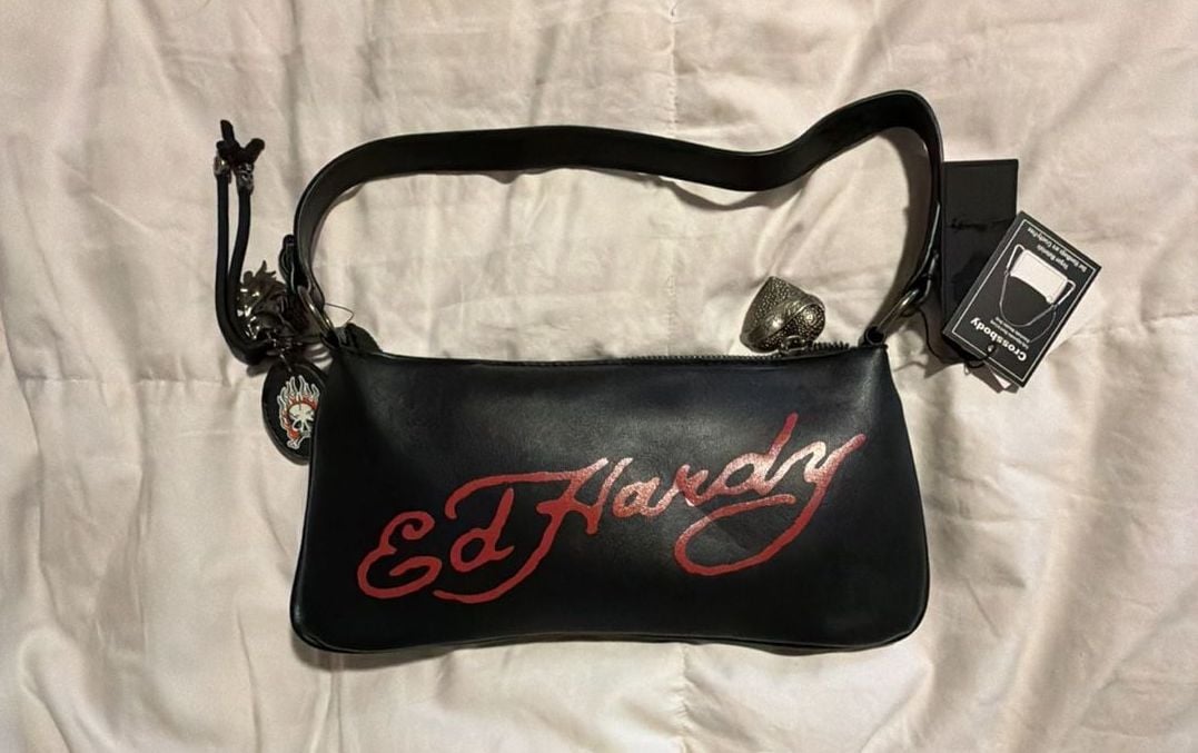 Ed Hardy Midnight Rebel Rhinestone Skull and Flames Shoulder Bag 3