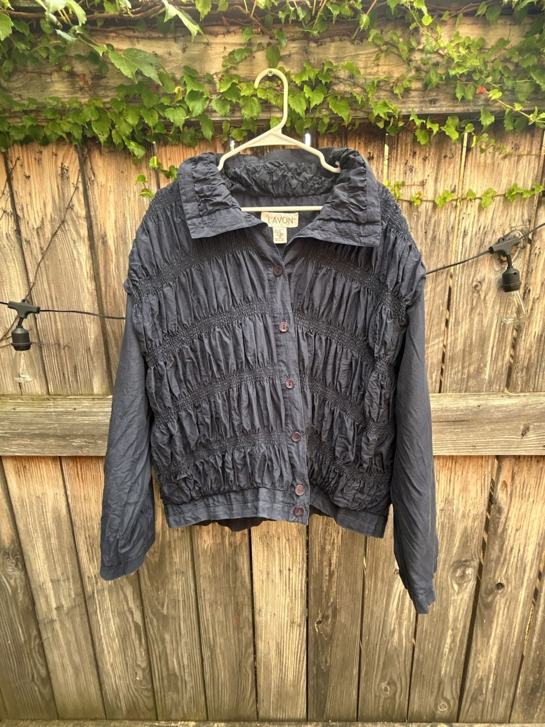 LAVON Vintage Navy Blue 100% Silk Ruched Button-Up Jacket 2