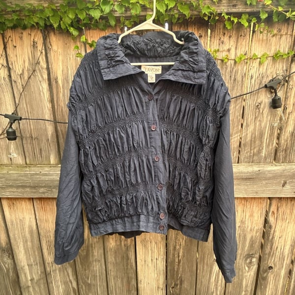 LAVON Vintage Navy Blue 100% Silk Ruched Button-Up Jacket
