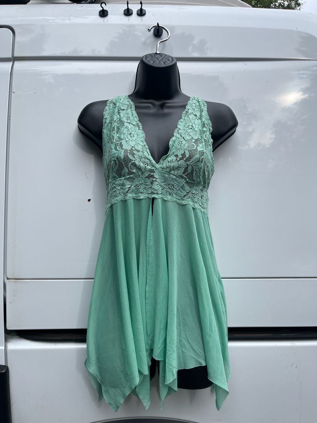 Sea Green Lace Trim Open Front Mesh Babydoll Chemise 2
