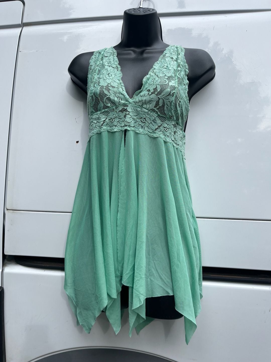 Sea Green Lace Trim Open Front Mesh Babydoll Chemise 3