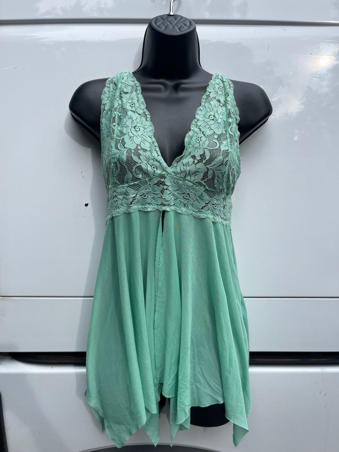 Sea Green Lace Trim Open Front Mesh Babydoll Chemise 4