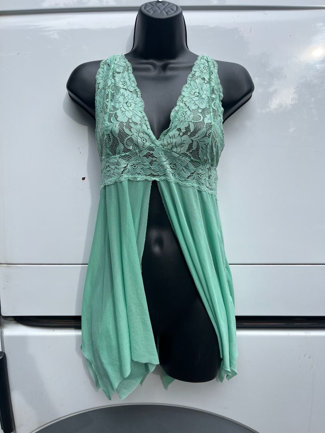 Sea Green Lace Trim Open Front Mesh Babydoll Chemise 5
