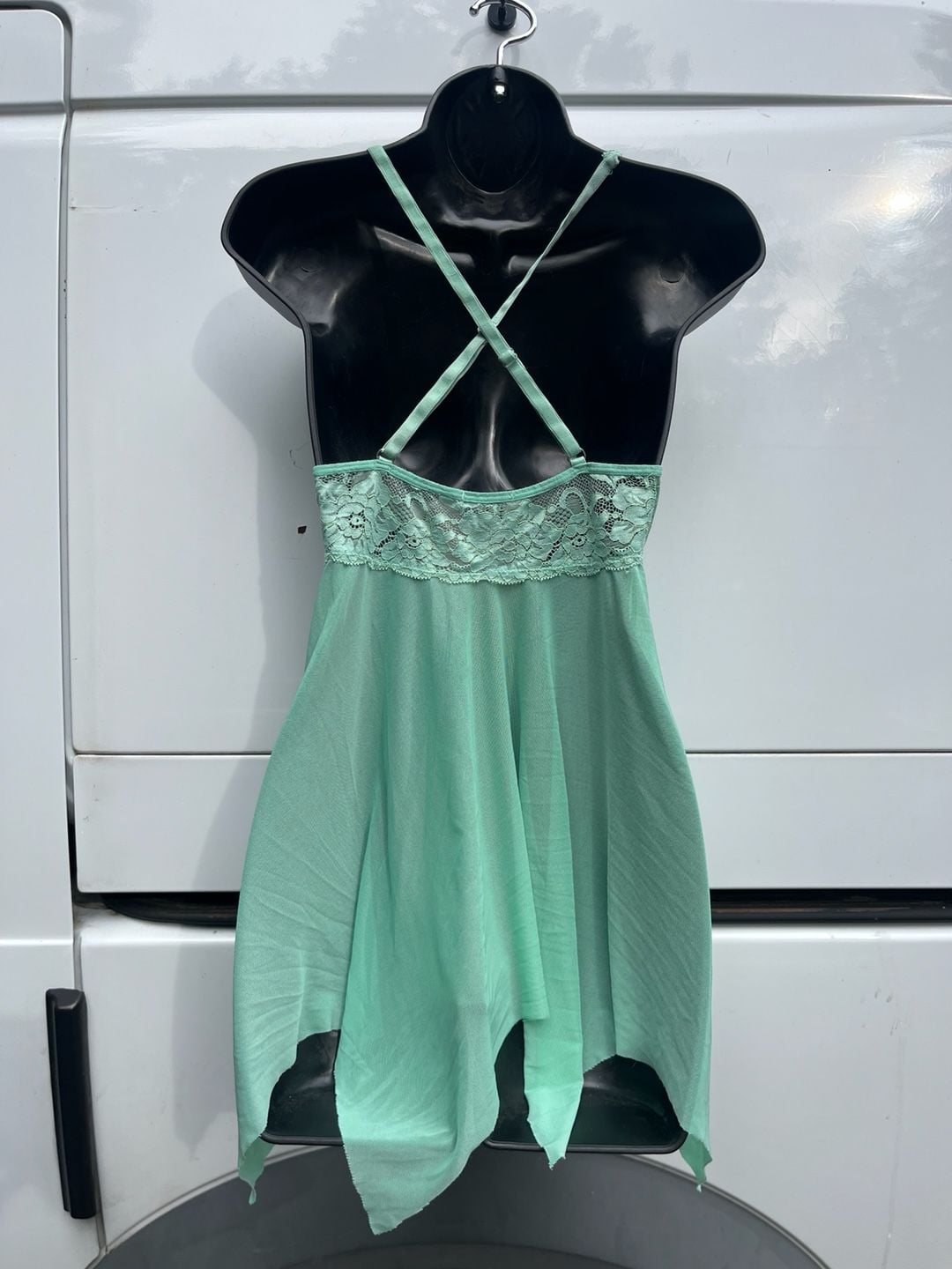 Sea Green Lace Trim Open Front Mesh Babydoll Chemise 6
