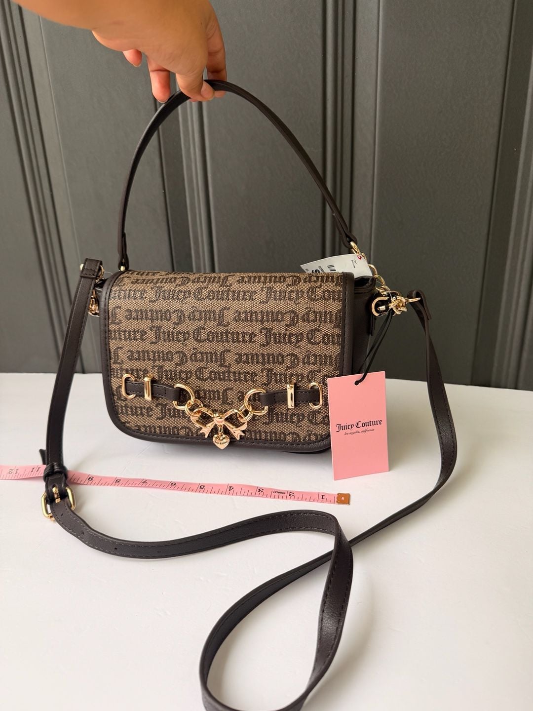 Juicy Couture Logo Flap Crossbody Bag in Dark Brown with Chain and Bow Detail 2