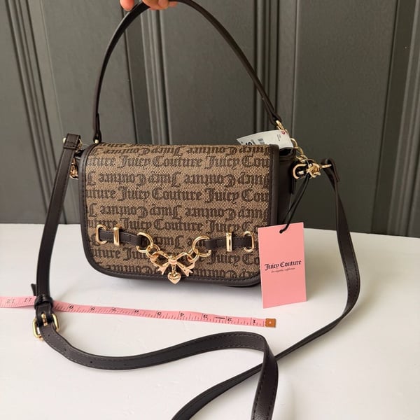 Juicy Couture Logo Flap Crossbody Bag in Dark Brown with Chain and Bow Detail