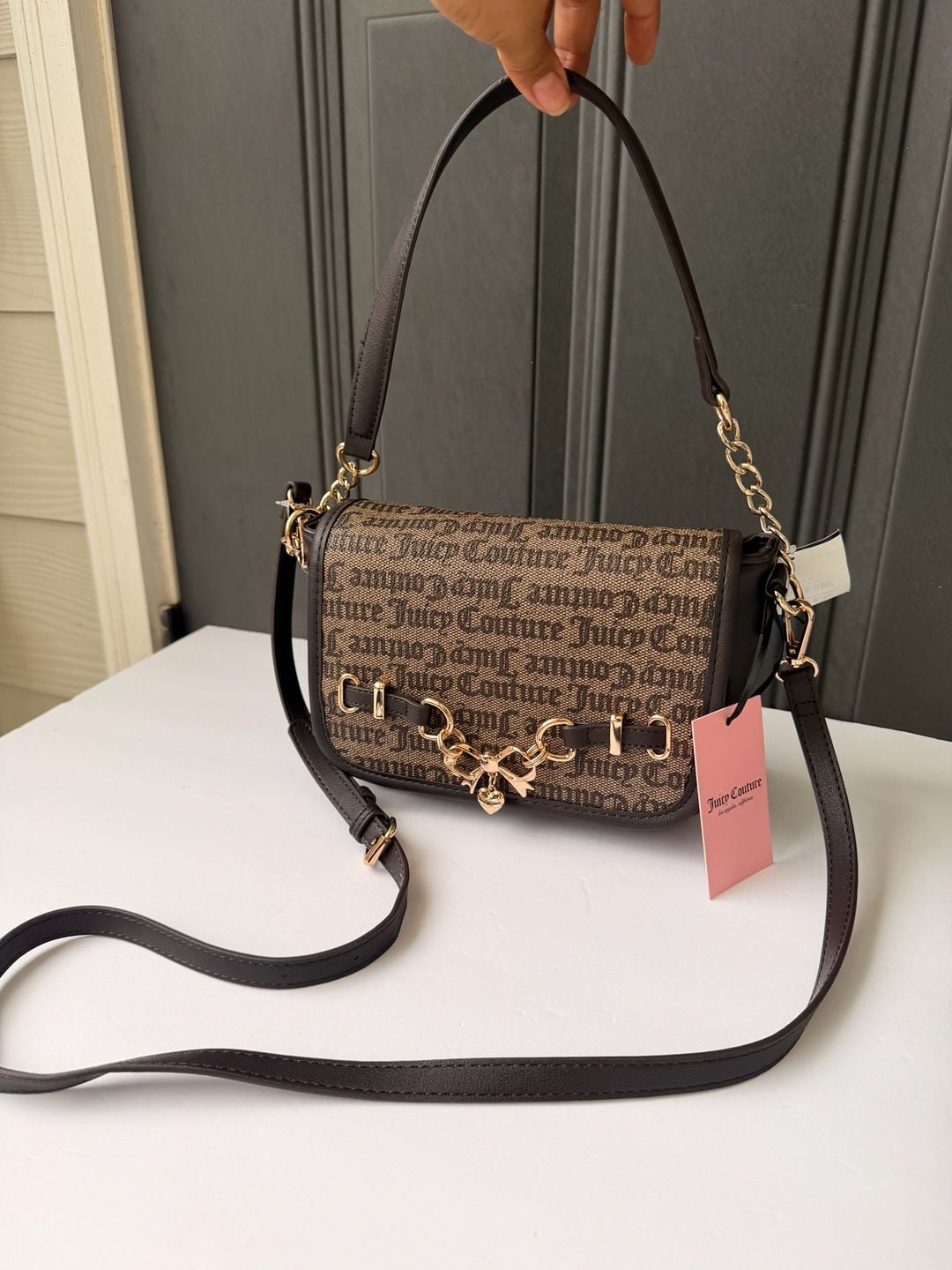 Juicy Couture Logo Flap Crossbody Bag in Dark Brown with Chain and Bow Detail 3