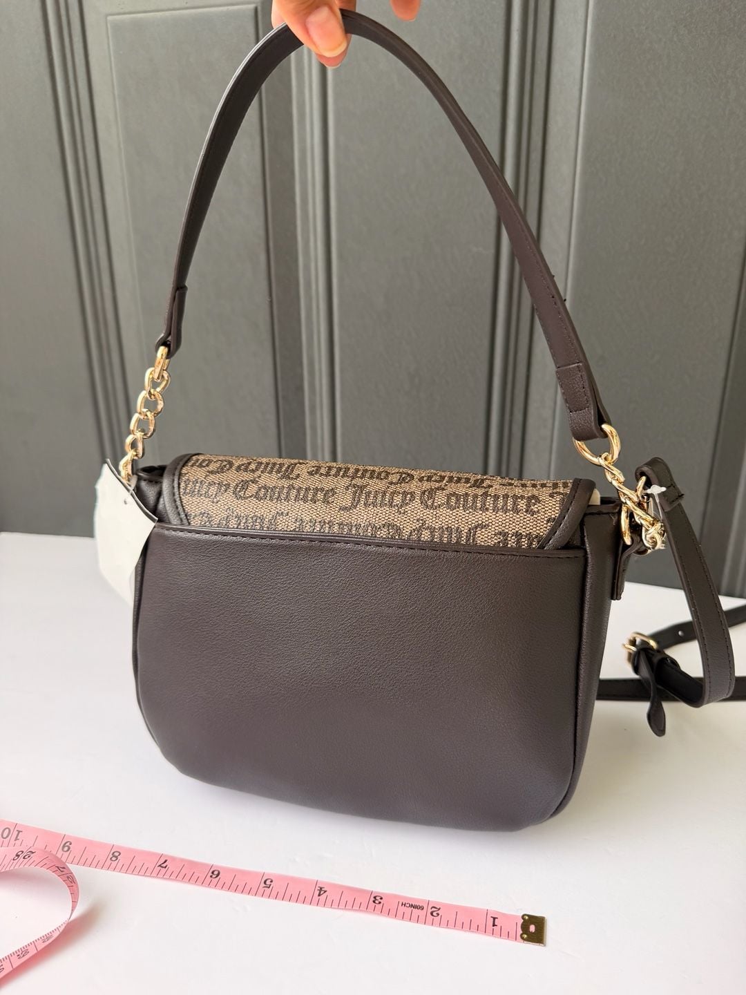 Juicy Couture Logo Flap Crossbody Bag in Dark Brown with Chain and Bow Detail 4
