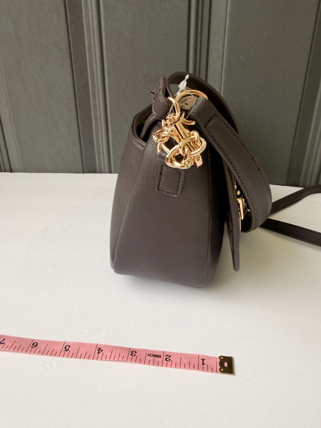 Juicy Couture Logo Flap Crossbody Bag in Dark Brown with Chain and Bow Detail 5
