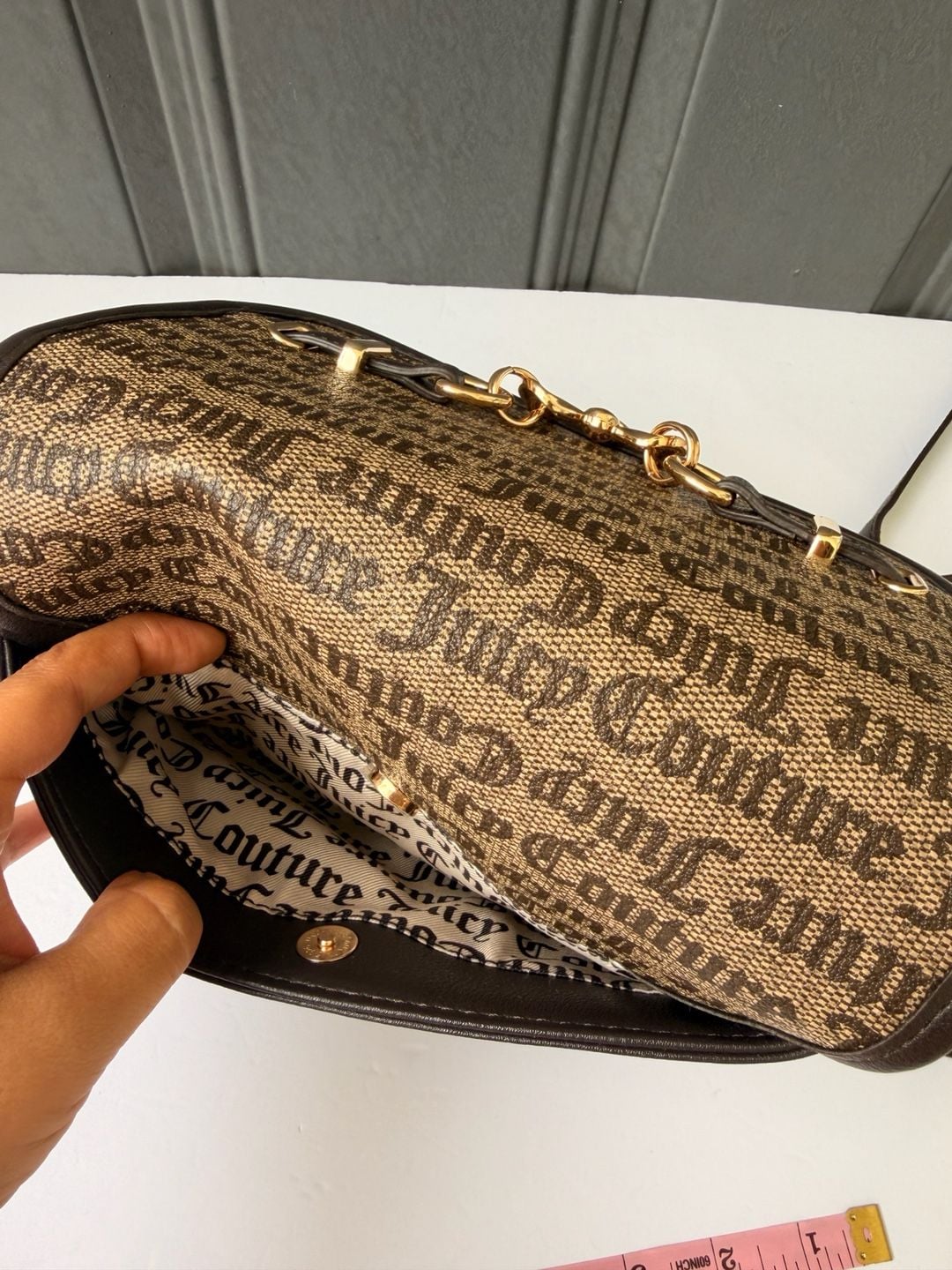 Juicy Couture Logo Flap Crossbody Bag in Dark Brown with Chain and Bow Detail 6