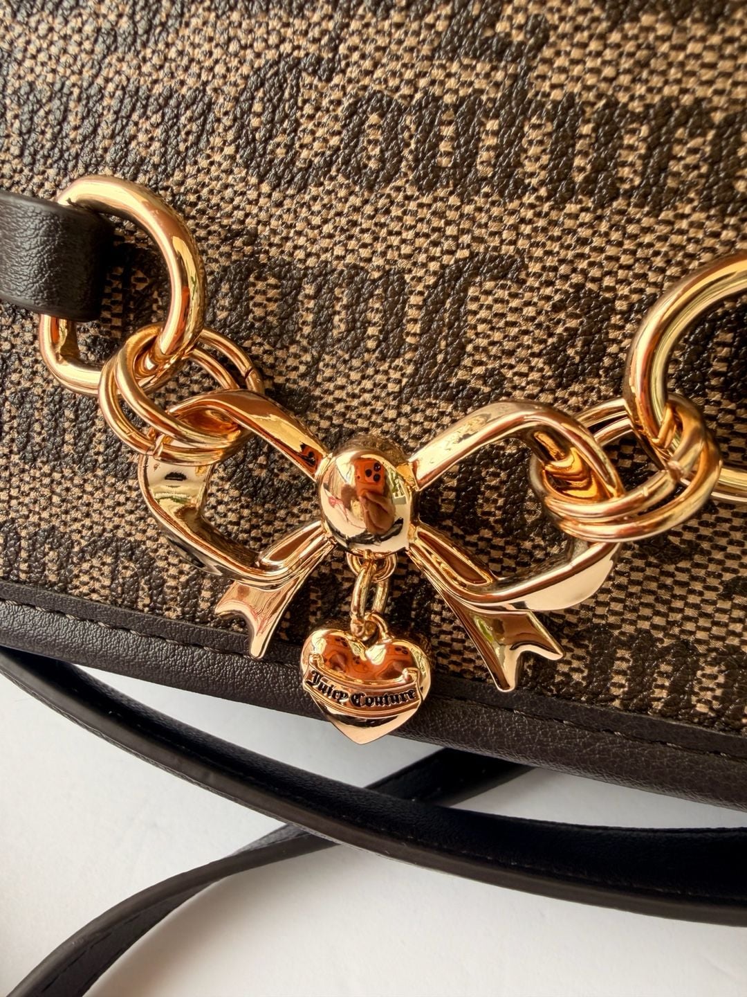 Juicy Couture Logo Flap Crossbody Bag in Dark Brown with Chain and Bow Detail 7