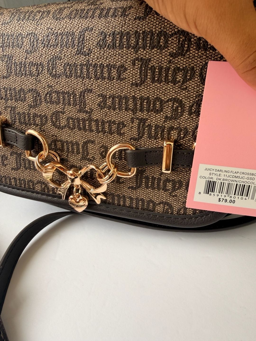 Juicy Couture Logo Flap Crossbody Bag in Dark Brown with Chain and Bow Detail 8