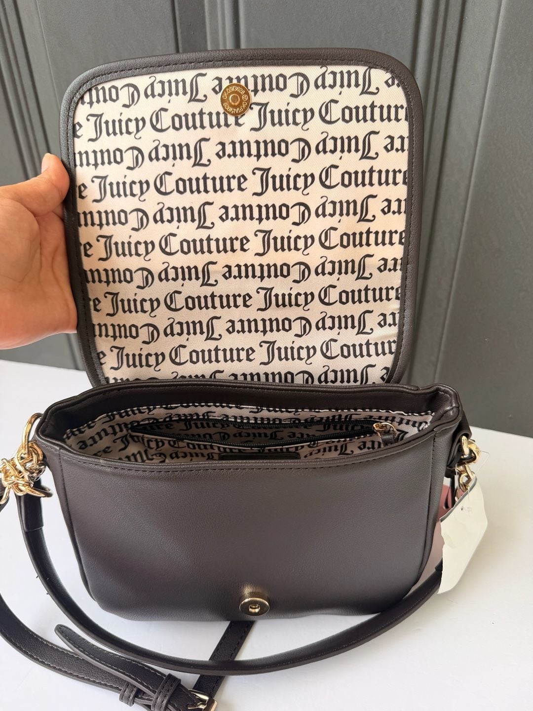 Juicy Couture Logo Flap Crossbody Bag in Dark Brown with Chain and Bow Detail 9