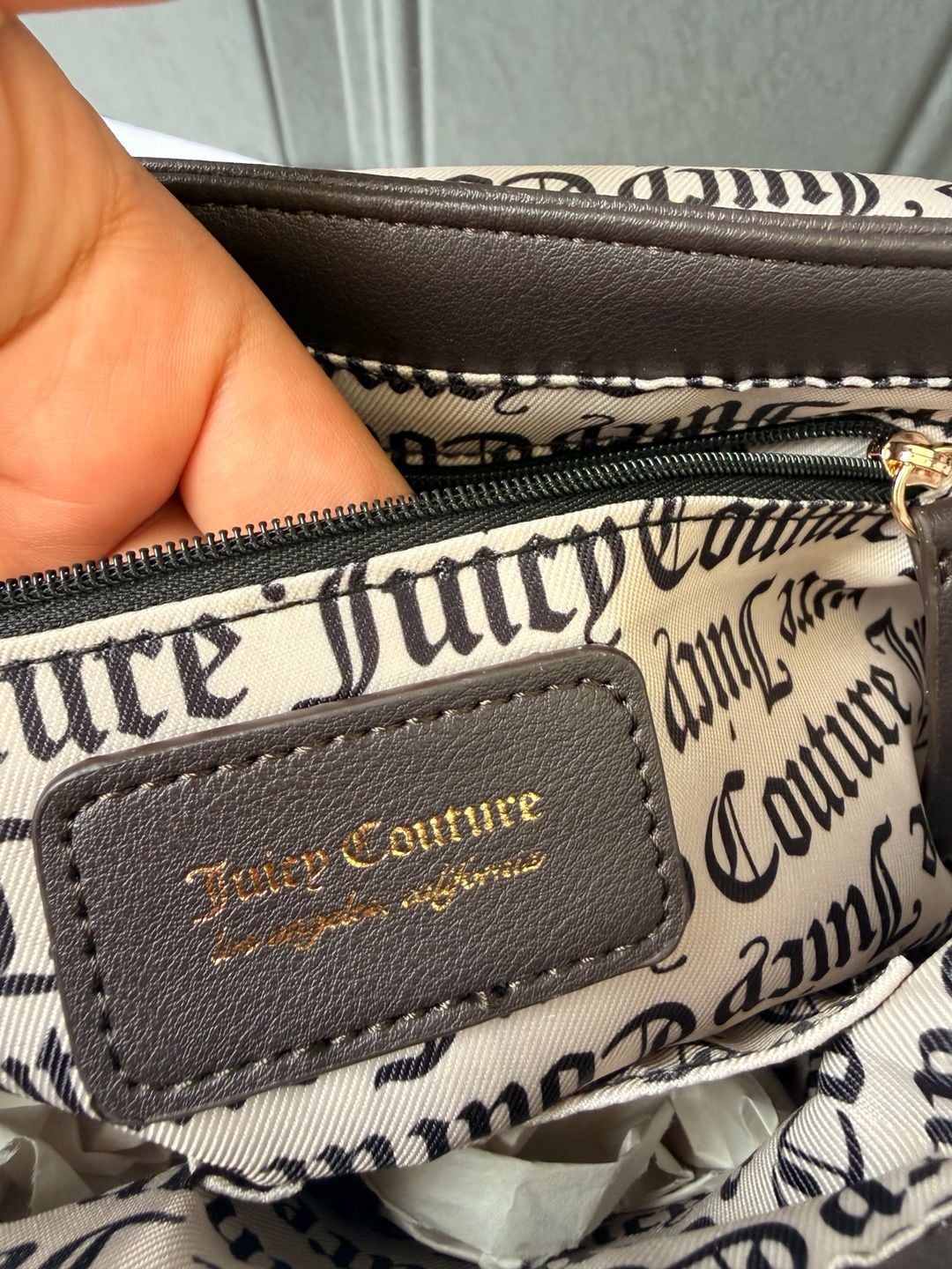 Juicy Couture Logo Flap Crossbody Bag in Dark Brown with Chain and Bow Detail 10