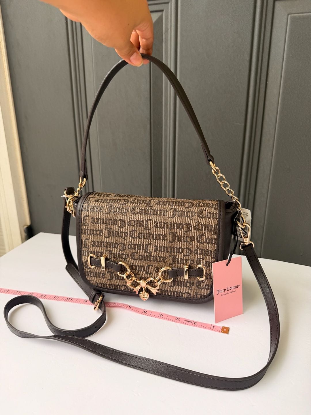 Juicy Couture Logo Flap Crossbody Bag in Dark Brown with Chain and Bow Detail 12