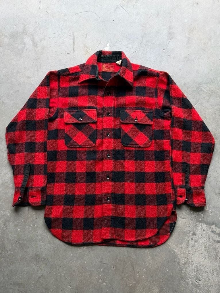 Vintage 70s Sears Kings Road Mens Store Buffalo Plaid Wool Blend Flannel Shirt 2