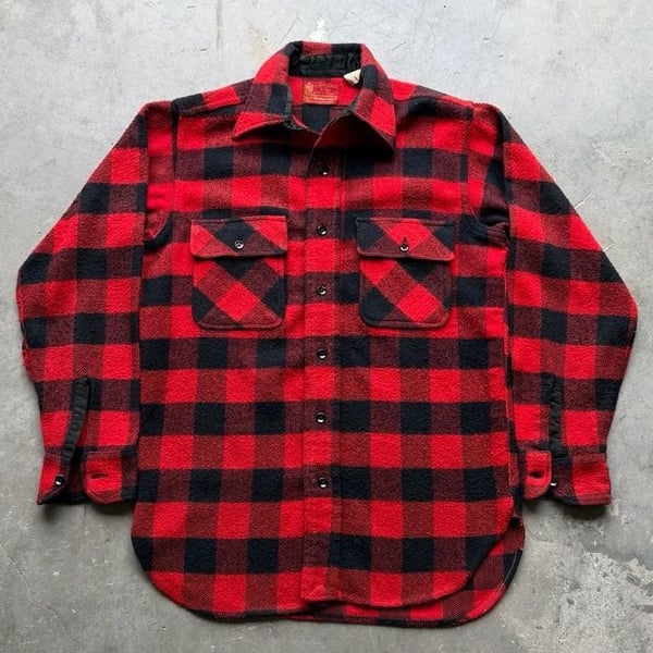 Vintage 70s Sears Kings Road Mens Store Buffalo Plaid Wool Blend Flannel Shirt