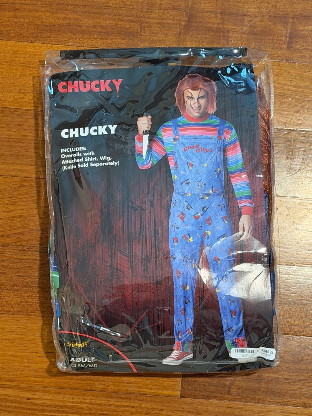 Spirit Halloween Adult Chucky Costume Set w Overalls/ Shirt, Wig & knife 1