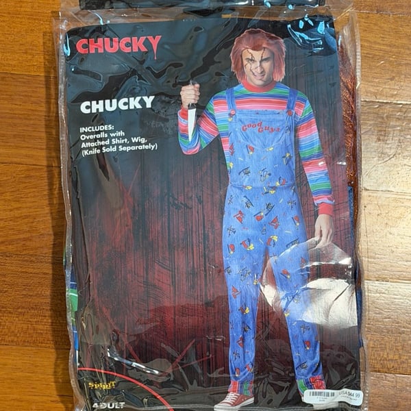 Spirit Halloween Adult Chucky Costume Set w Overalls/ Shirt, Wig & knife 