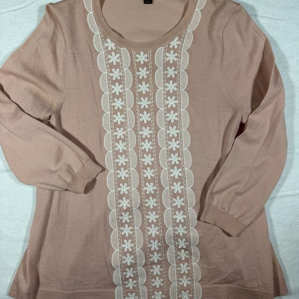 J. Crew Blush Pink Embroidered Merino Wool Long Sleeve Sweater