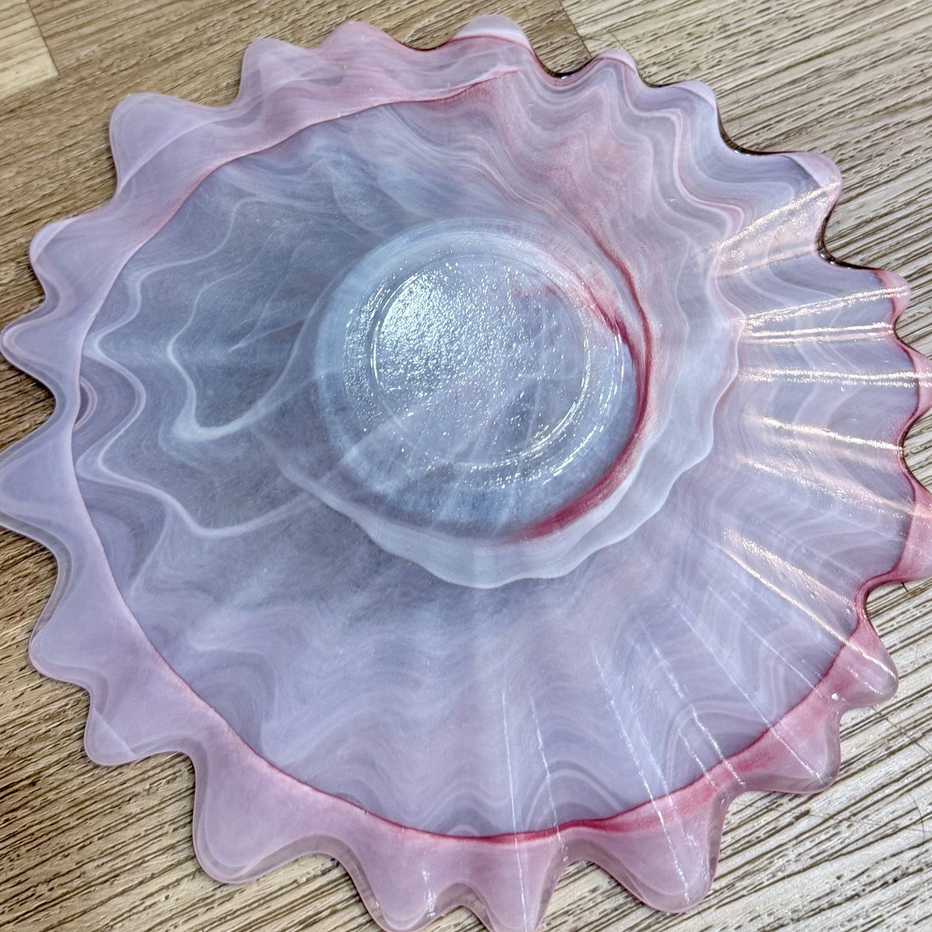 Vintage Italian Pink and White Swirled Art Glass Ruffled Scalloped Bowl 2