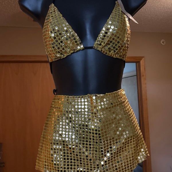Nancy King Women's Gold Sequin Two-Piece Halter Top and Mini Skirt Set