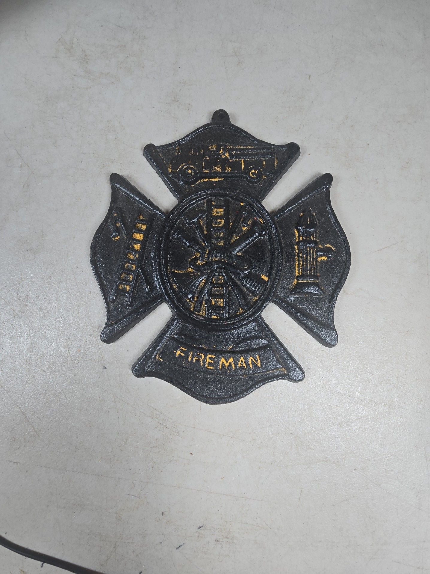 Cast Iron Fireman Maltese Cross Wall Plaque with Hand Painted Gold Accents 1