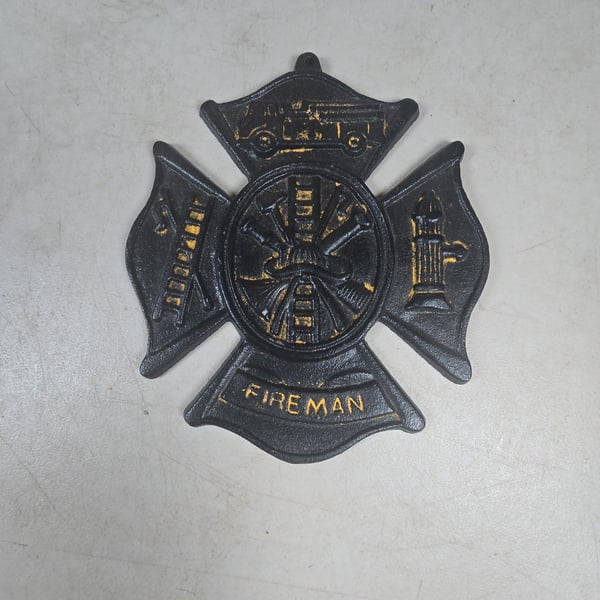 Cast Iron Fireman Maltese Cross Wall Plaque with Hand Painted Gold Accents