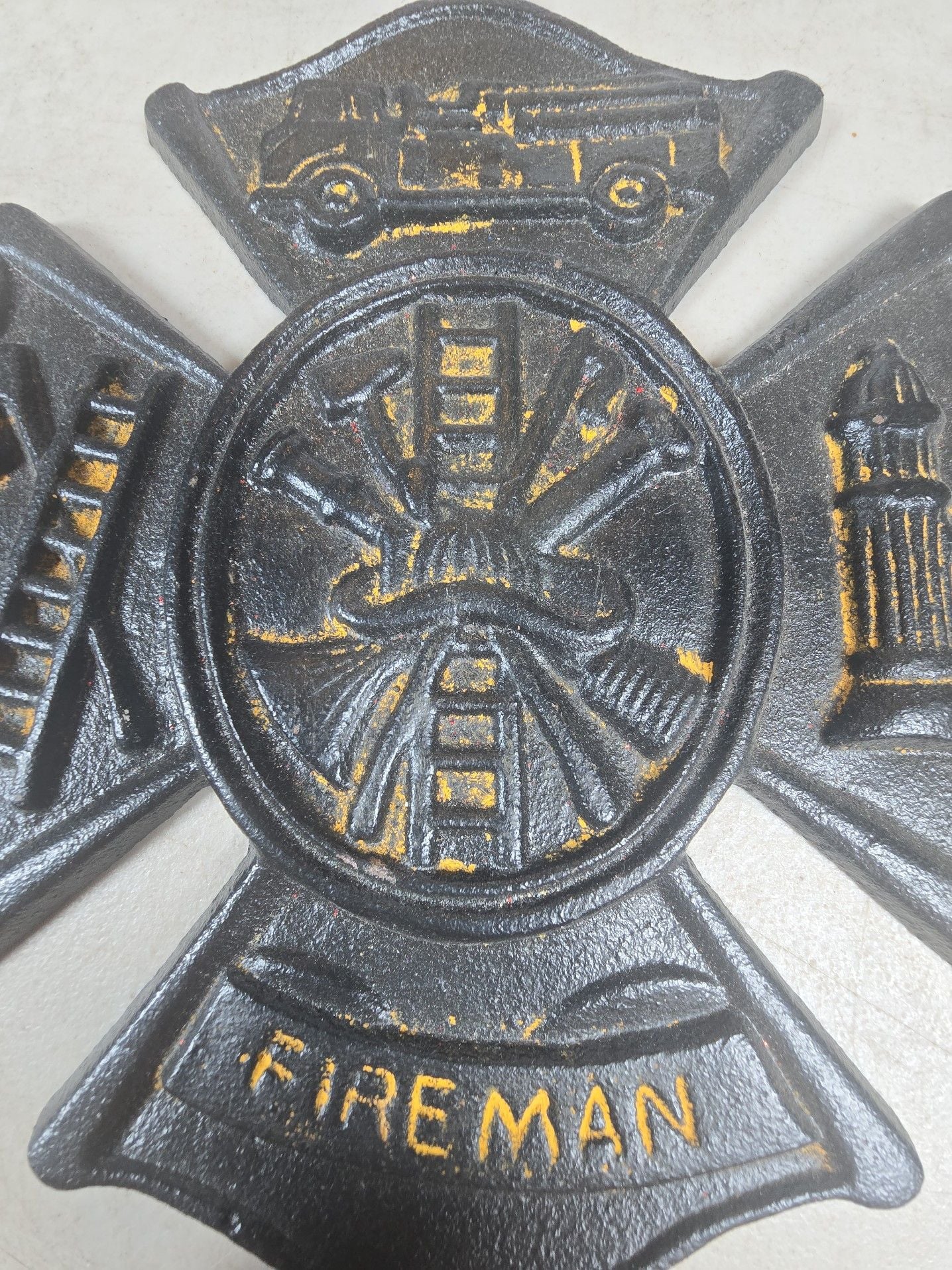 Cast Iron Fireman Maltese Cross Wall Plaque with Hand Painted Gold Accents 2